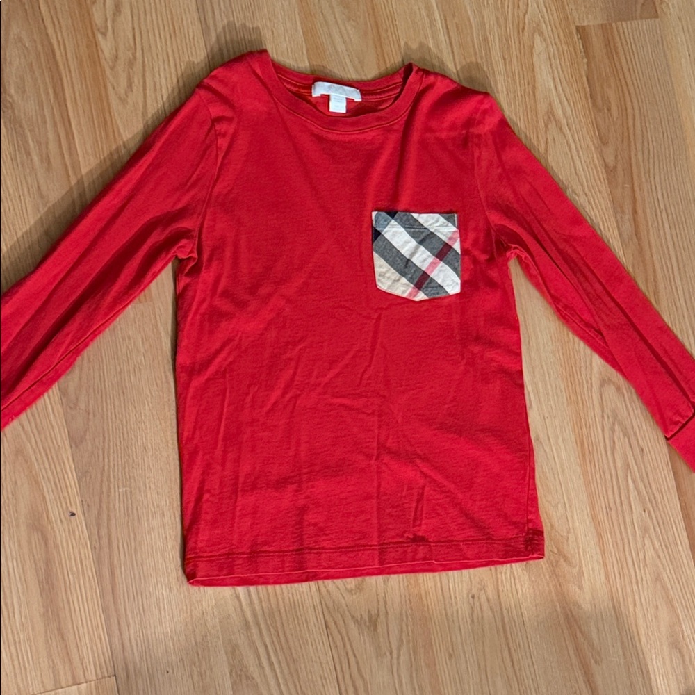 Burberry Red Long Sleeve Tee with Plaid Pocket
